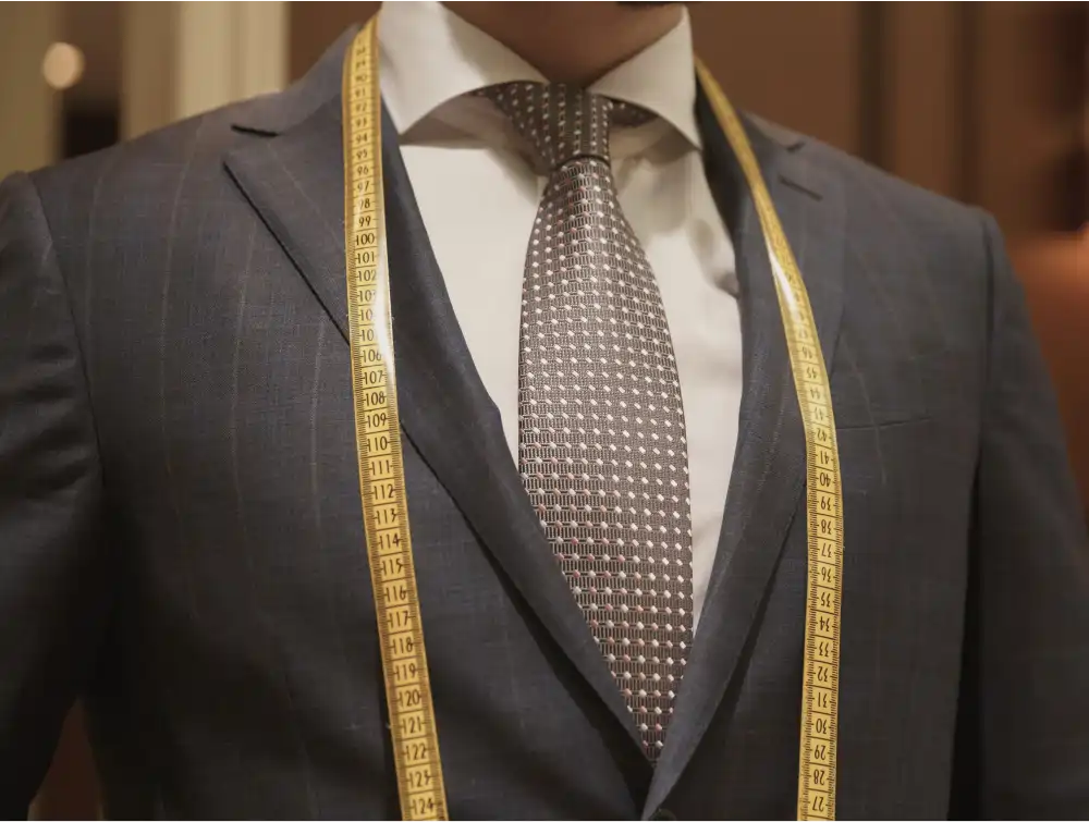 Detalle de traje formal a la medida con cinta métrica en el taller de La Clínica del Bluyín